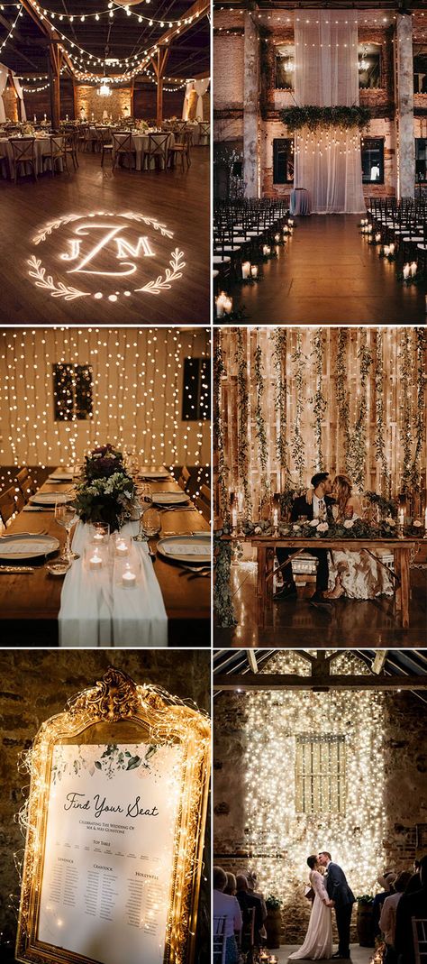 romantic industrial chic indoor wedding lighting ideas Wedding Lighting Ideas, Indoor Wedding Decorations, Wedding Reception Lighting, Industrial Chic Wedding, Wedding Alters, Wedding Hall Decorations, Indoor Wedding Receptions, Rustic Wedding Decorations, String Lights Wedding