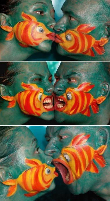 fish face paint. Making Out Couple, Fish Face, Unique Engagement Photos, Painted Faces, Drawing Hair, Crazy Makeup, Fish Painting, Face Art, Body Painting