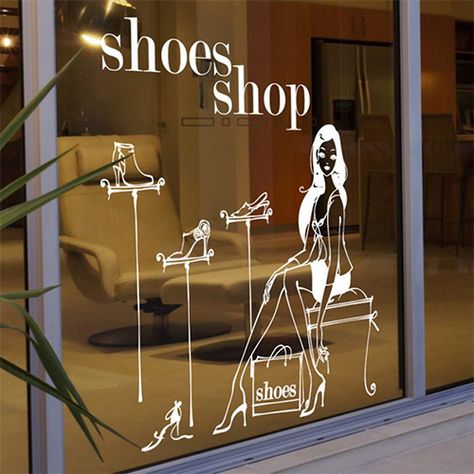 Glass Shoe, Shoe Store Design, Window Signage, Clothes Shops, Store Signage, Shoe Wall, Store Window Display, Cheap Wall Stickers, Boutique Display