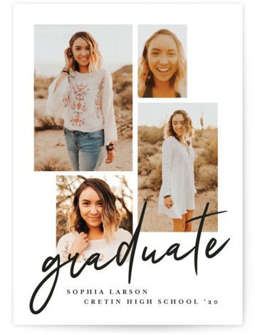 This Photo Graduation Announcement Features A A Mood Board Layout And Modern Script, Creating An Elegant Yet Playful Design. Modern, White Graduation Cards From Minted By Independent Artist J. Dario Design Co. Alabaster GGC. Mood Board Layout, Senior Announcements, Senior Ads, Board Layout, Grad Announcements, Photo Graduation Announcement, Blue Graduation, Picture Layouts, Grad Invitations