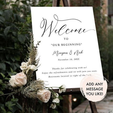 $11 - Elegant Script Wedding Welcome Sign with Message - wedding signage, wedding welcome sign, welcome to our wedding, calligraphy typography, bridal welcome sign, black and white, script, welcome sign with message, modern simple elegant, welcome to our beginning sign Welcome Sign Black And White, Welcome To Our Beginning Sign, Wedding Welcome Signage, Welcome To Our Beginning, Signage Wedding, Wedding Welcome Board, Brunch Decor, Wedding Reception Signs, Calligraphy Typography