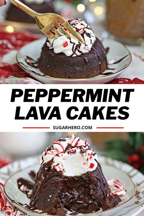 Chocolate lovers will go crazy for this Peppermint Lava Cakes recipe - mini chocolate cakes with a hint of peppermint and a molten chocolate center. They’re the perfect holiday or Christmas dessert! #sugarhero #lavacakes #chocolatepeppermint #chocolatecake Chocolate Peppermint Dessert Recipes, Lava Cakes Recipe, Peppermint Recipes Desserts, Mini Chocolate Cakes, Current Recipes, Hanukkah Desserts, Christmas Cookie Exchange Recipes, Peppermint Dessert, Cookie Exchange Recipes