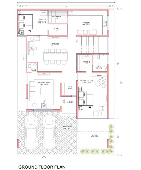 40x60 House Plans, Home Map Design, 30x50 House Plans, 20x40 House Plans, Plan 2d, Plan Elevation, House Architecture Styles, 2bhk House Plan, Bungalow Floor Plans