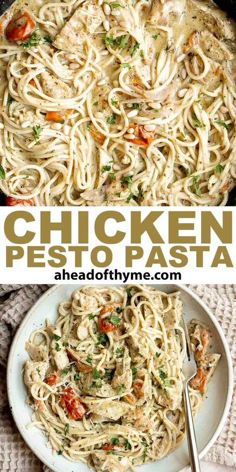 Creamy Chicken Pesto Pasta Garlic Chicken Pesto Pasta, Chicken Pesto Linguine Recipe, Chicken Pesto Pasta Recipes, Alfredo Pesto Pasta, Pesto Alfredo Pasta, Chicken Pesto Spaghetti, Pesto Alfredo Sauce, Pizza Meals, Creamy Chicken Pesto Pasta