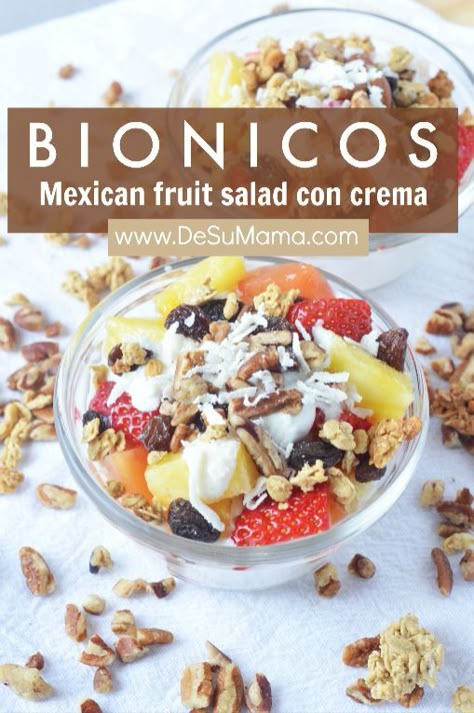 The sweetest Mexican street food you'll find in Mexico is the Bionicos, a Mexican fruit cup with Mexican yogurt cream. And guess what? It's easy to learn how to make Bionicos at home with this Bionico recipe! Perfect for kids too! Mexican Fruit Salad, Mexican Fruit Cups, Mexican Fruit Salads, Mexican Fruit, Fruit Cup, Recipe Mexican, Mexican Snacks, Recipes Mexican, Mexican Street Food