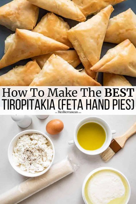 Spanokita Recipe Greek, Feta Puff Pastry, Tiropita Recipe, Spanakopita Triangles, Greek Cheese Pie, Greek Appetizer, Philo Dough, Filo Dough, Mediterranean Appetizers