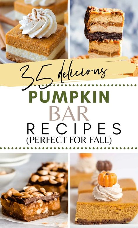 35 of the BEST Pumpkin Bars! Move over pumpkin spice latte and pumpkin pie, this fall season, easy pumpkin bars are striving to be the favorite pumpkin recipe! From cream cheese swirled bars to snickers pumpkin bars and protein bars and everything in between. These bars make great brunch items, snacks or desserts! Pumpkin Decadent Bars, Pumpkin Bar Desserts, Pumpkin Bar Cookies Recipes, Pumpkin Tailgate Recipes, Pumpkin Chess Bars, Pumpkin Bar Recipes, Pumpkin Cookie Bars, Best Pumpkin Bars, Pumpkin Dessert Bars