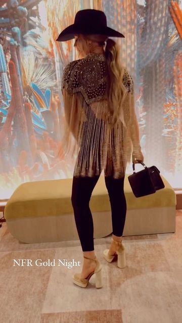 Vegas Day Time Outfits Winter, Gold Western Outfit, Classy Nfr Outfits, Western Glam Outfit Winter, Las Vegas Nfr Outfits, Rodeo Glam Outfit, Western New Years Eve Outfit, Grand Ole Opry Outfit Ideas, Western Glam Outfit Plus Size