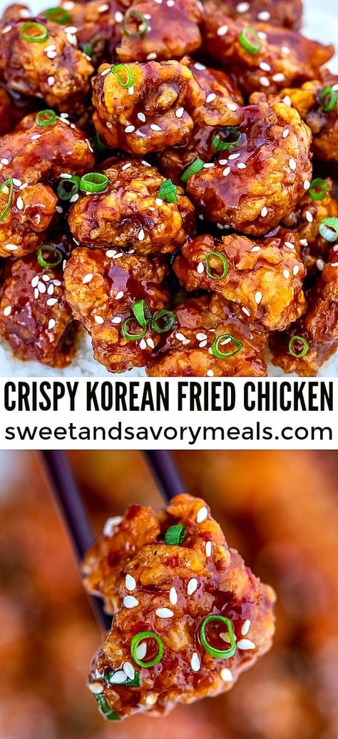 Korean Fried Chicken is coated with an addictive homemade Korean sweet chili sauce that is perfectly crunchy on the outside. Give in to your craving anytime with this easy recipe! #koreanchicken #chickenfoodrecipes #chicken #sweetandsavorymeals #dinnerideas Easy Korean Lunch Recipes, Crunchy Chicken Recipes, Chili Crisp Chicken, Korean Fried Chicken Recipe, Copycat Food, Sweet Fries, Korean Recipe, Homemade Chinese, Homemade Chinese Food