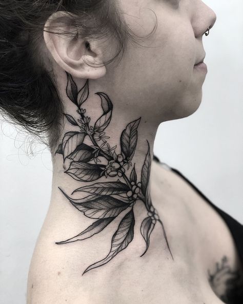 Coffee Plant Neck Tattoo Flower Neck Tattoo, How To Tattoo, Cute Elephant Tattoo, Best Neck Tattoos, Tattoo Chest, Throat Tattoo, Neck Tattoos Women, Coffee Tattoos, Plant Tattoo