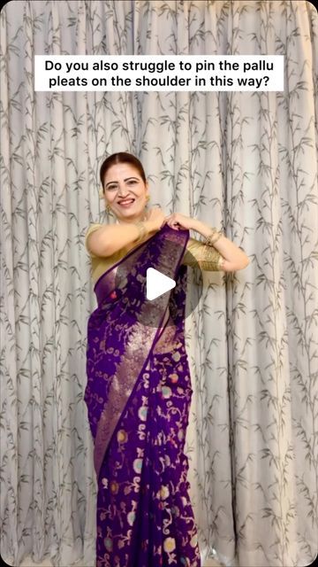 2,637 likes, 32 comments - gehani.heena on April 16, 2024: "Do you also struggle to pin the pallu pleats on the shoulder in this way? Then this video will solve your problem. If you’re unsure on how go drape it watch this video for a step-by-step guide on the correct technique. Save this video for later✨ Draped this beautiful saree that i received from @azra_silk_fabrics It’s the perfect choice for upcoming weddings and festivals✨🌟 Elegant and festive, it’s sure to make you stand out Saree Pleats Techniques, How To Drape A Saree, Elegant Saree Look, Saree Draping Ideas, Pleats Techniques, How Go, Draping Ideas, Draping Techniques, Sewing Sleeves