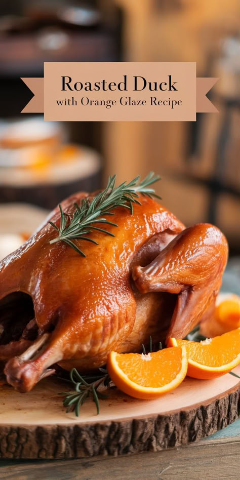 Impress your guests with this Roasted Duck with Orange Glaze. A beautifully roasted duck with a sweet, citrusy glaze makes for a memorable and elegant meal. Orange Glazed Duck Recipes, Duck Hors D’oeuvres, Duck Meals Dinners, Duck A L'orange, Roast Duck Recipes Christmas, Roasted Duck Whole Recipe, Oven Roasted Duck Recipe, Orange Duck Recipe, Roasted Duck Whole