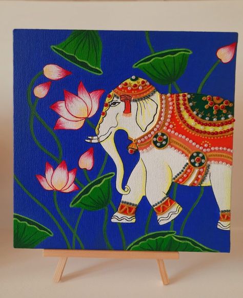 Pichwai Painting Elephant, Indian Elephant Art, Blouse Painting, Pichwai Art, Lips Painting, Dupatta Design, Pichwai Painting, Access Bars, Lotus Flower Art