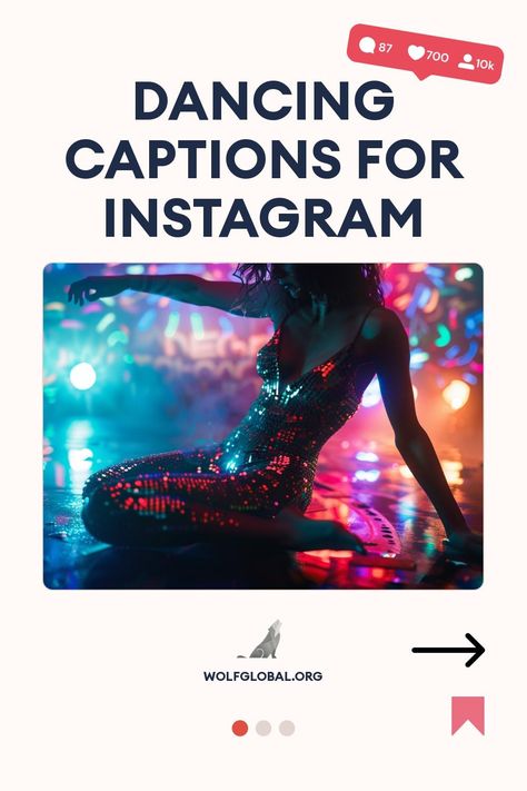 Promotional graphic with a woman in a glowing dress dancing, titled "Dancing Captions for Instagram."
Graphic with a checklist of dance-related affirmations and a call-to-action button saying "GET 100+ MORE".
Smiling woman on laptop with social media engagement icons, advertisement for Instagram pod. Catchy Captions, Tap Dancer, Bust A Move, Caption For Yourself, Dance Steps, One Day I Will, Insta Posts, Dance Moves, Belly Dance