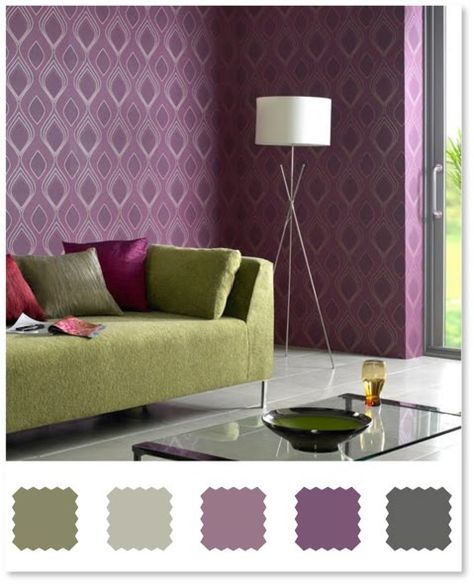 Love this colour palette for a bedroom/living room- olive gray green walls Purple Bedrooms, Green Couch, Purple Bedroom, Living Room Color Schemes, Green Walls, Purple Walls, Living Room Green, Green Rooms, Modern Wallpaper