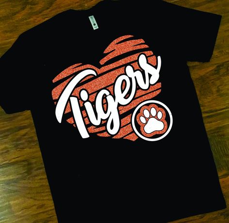 School Spirit Shirts Designs, School Shirt Designs, Glitter Tee, School Spirit Wear, School Spirit Shirts, Paw Heart, Tiger Shirt, Cheer Shirts, Spirit Shirts