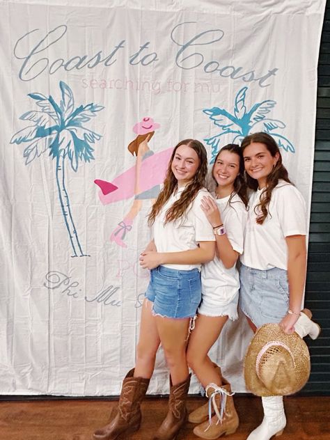 #coastalstyle #cowgirl #sorority #outfitgoals #poses Coast To Coast Sorority Theme, Coastal Cowgirl Bid Day Theme, Coastal Cowgirl Sorority Theme, Coastal Cowgirl Bid Day, Cowgirl Sorority Theme, Outfit With Tube Top, Cowgirl Sorority, Cowgirl Bid Day, Bid Day Banner