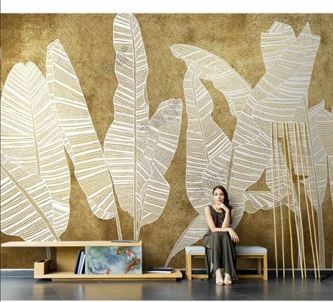 Simple Gold Banana Leaf Wallpaper Wall Mural Home Decor Banana Leaf Mural, Leaf Mural, Leaf Wall Decor, Mural Home, Banana Leaf Wallpaper, Leaf Wall, Smooth Walls, Leaf Wallpaper, Feb 7