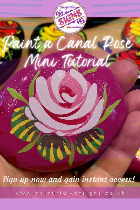 Traditional hand-painted white canal rose with leaves on a purple painted pebble Watermelon Diy Crafts, Canal Boat Art, Watermelon Diy, Rose Step By Step, Canal Art, Narrow Boat, Folk Art Flowers, Heritage Crafts, Painting Demo