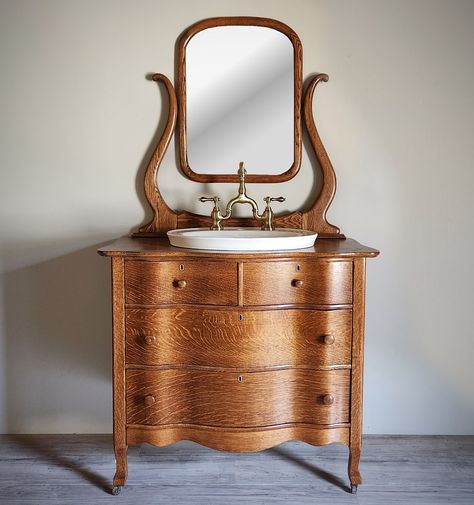 Custom Bathroom Vanity Gallery | Vermont | Vermont Vanities Dresser Sink Vanity, Dresser Restoration, Dresser Sink, Vintage Bathroom Vanities, Antique Dresser With Mirror, Custom Bathroom Vanities, Dresser Vanity Bathroom, Vintage Sink, Bridge Faucet