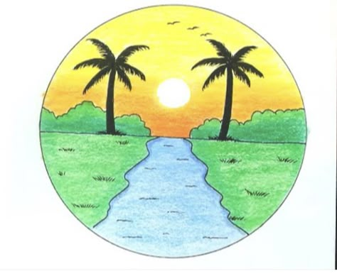 Sunset Drawing Easy, Beautiful Scenery Drawing, Scenery Drawing For Kids, Easy Scenery Drawing, Sunset Canvas Painting, Circle Drawing, Image Swag, Flower Art Drawing, Easy Drawings For Kids