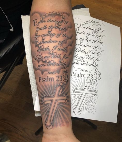 Forearm Verse Tattoo, Tattoo Ideas For Men Biblical, Bible Verse Half Sleeve Tattoo, Psalms Tattoos Men, Tattoo Designs Men Bible Verse, Forearm Tattoo Men Meaningful, Bible Verse Sleeve Tattoo Women, Scripture Tattoos Black Women Forearm, Forearm Memorial Tattoos For Men