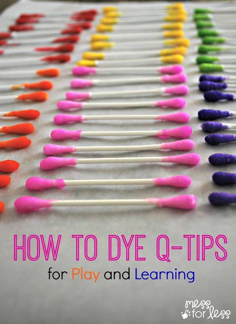 How to Dye Q-Tips for Play and Learning - These are so simple to make and you can use them in countless learning and play activities. Dyed Tips, Preschool Colors, Preschool Fine Motor, Q Tip, Fine Motor Activities, Preschool Art, Play Activities, Color Activities, Art Activities