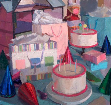 Nicole McCormick-Santiago, Cakes & Party Hats, oil/panel 16 x 16 inches, 2015  https://www.firststreetgallery.org/artists/nicole-mccormick-santiago/nicole-mccormick-santiago-selected-works/?pid=431 Patrick Henry, Gcse Art, Ap Art, Painting Still Life, Community College, Sweet Life, Fine Art Gallery, Holiday Celebration, Art Toy