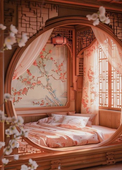 Traditional Korean Bedroom, Ancient Chinese Bedroom, Chinese Bedroom Aesthetic, Chinese Room Aesthetic, Asian Inspired House, Chinese Home Interior, Chinese Bedroom Ideas, Ancient Chinese Room, Chinese Palace Interior