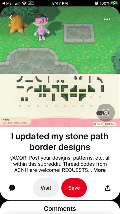 Acnh Stone Path Border, Path Border Animal Crossing, Acnh Stone Path, Path Border, Path Edging, Acnh Path, Animal Crossing Design Codes, Brick Path, Animal Crossing Design