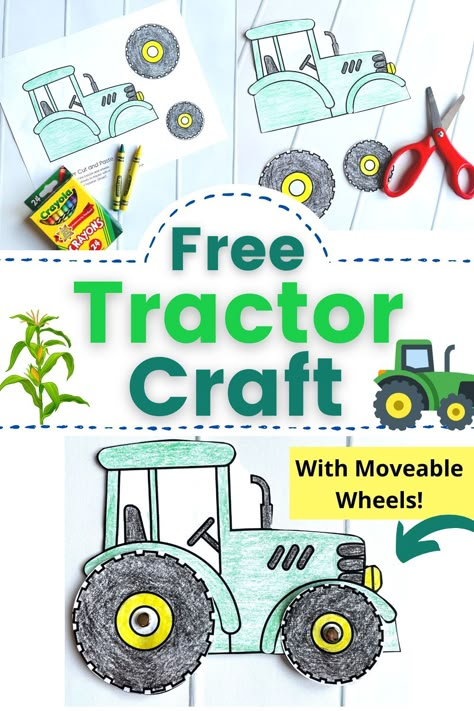 tractor paper craft, free printable tractor craft with moveable wheels Farm Animal Pre K Activities, Cow Art Activities Preschool, Fun On The Farm Preschool, Farm Themed Activities For Kindergarten, Farm Equipment Activities For Preschool, Farm Art For Preschoolers, Preschool Tractor Activities, Tractor Printables Free, Barn Crafts For Kids