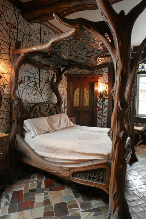 Weird Beds, Canopy Bed Ideas, Wood Canopy Bed, Forest Room, Canopy Bed Diy, Tree Bed, Intimate Space, Bedroom Redo, Cob House