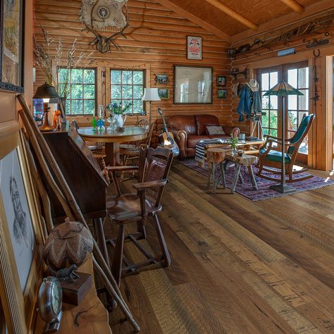 Log cabin home interior with rustic decor and hardwood flooring. Oolong Hickory Hardwood Floors | Hallmark Floors Whipstaff Manor, Cabin Homes Interior, Hallmark Floors, Nice Houses, How To Build A Log Cabin, Hickory Hardwood Floors, Log Cabin Rustic, Cabin Home, Log House