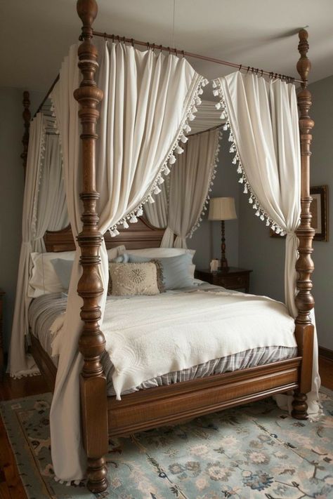 Four Poster Bed With Curtains, 4 Poster Bed Canopy, Four Poster Bedroom, Wooden Canopy Bed, Canopy Bed Ideas, 4 Poster Bed, Four Post Bed, Bed Makeover, Canopy Bed Diy