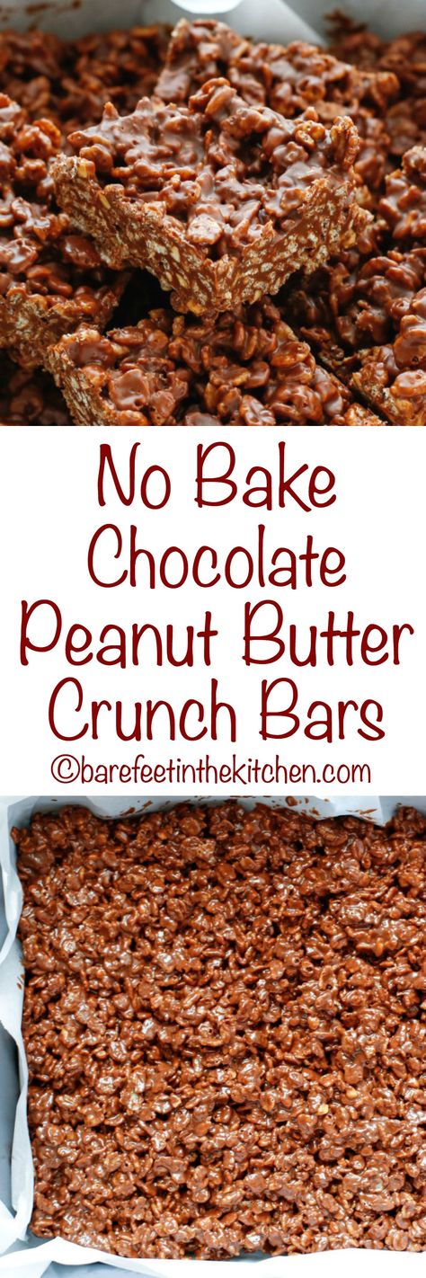 No Bake Chocolate Peanut Butter Crunch Bars - get the recipe at barefeetinthekitchen.com Chocolate Peanut Butter Crunch Bars, Peanut Butter Crunch Bars, Chocolate Crunch Bars, Crunch Bars Recipe, Cereal Bars Recipes, No Bake Chocolate Desserts, Butter Crunch, Chocolate Cereal, Crunch Bars