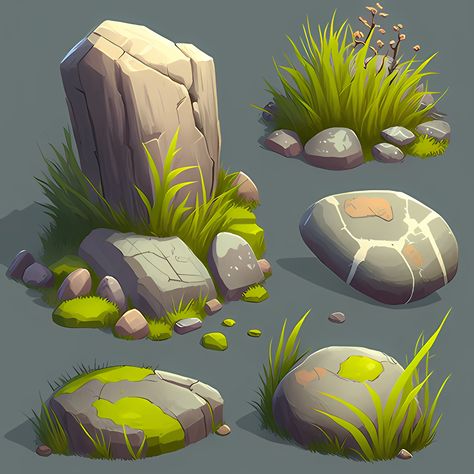 Stone Illustration Rocks, Digital Art Plants, 2d Game Art Style, How To Draw Moss, 2d Game Assets, Game Concept Art Environment, Grass Reference, Plant Concept Art, Shading Study