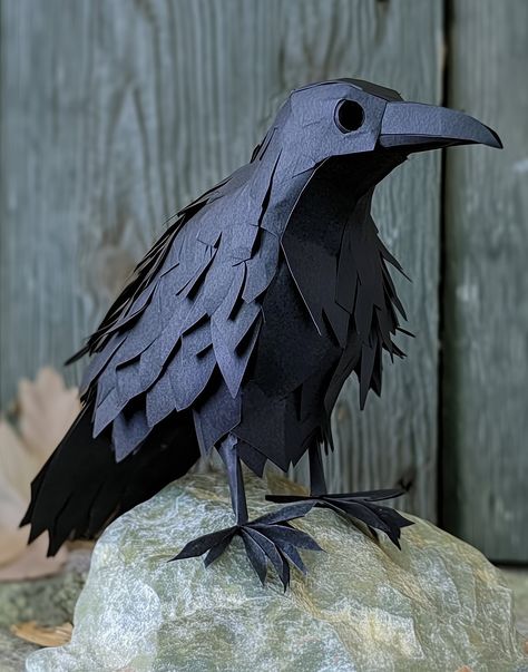 Fine art print of an adorable, cardboard papercraft raven! Archival print on cotton rag.  Weight: 330 gsm, 17 mil Texture: Very lightly textured Finish: Matte Acidity: Acid-free Original design, made with daydreams, whimsy, Photoshop, and AI. Felt Raven, Felt Raven Pattern, Ravens Halloween Decor, Raven Plush Pattern, Halloween Raven Art, Nevermore Raven, Halloween Raven, Halloween Tea Party, Paper Mache Animals