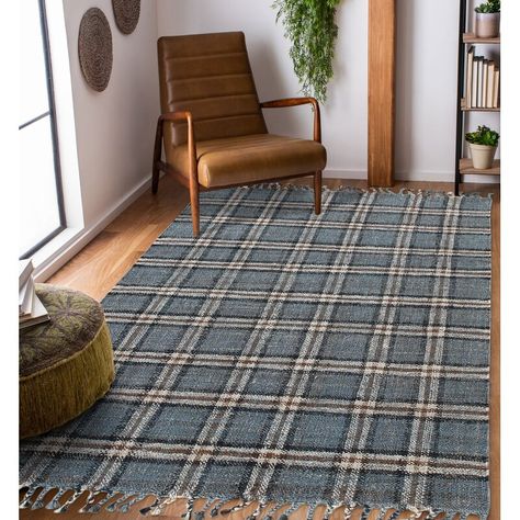 Rosalind Wheeler Chillon Handmade Flatweave Jute/Sisal Blue Rug | Wayfair Rug For Boys Room, Blue Plaid Rug, Plaid Area Rug, Plaid Rug, Knotted Fringe, Sisal Area Rugs, Flatweave Area Rug, Navy Area Rug, Forest House