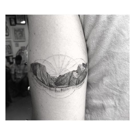 Mini Yosemite tattoo by Dr. Woo Yosemite Tattoo, Dr Woo Tattoo, Superior Tattoo, Circular Tattoo, Tattoos Pictures, Dr Woo, Hiking Tattoo, Circle Tattoos, Landscape Tattoo