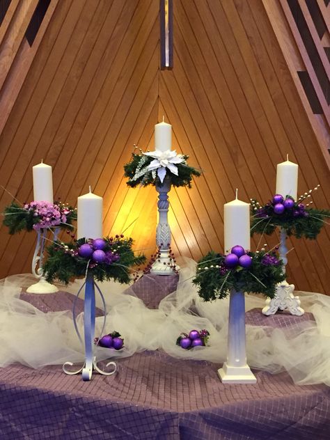 Advent altar 2015 Parkrose UMC. Altar decorated with white candles and flower decorated candle sticks of varying heights & styles in the colors of the season. Christmas Altar, Easter Altar Decorations, Advent Church Decorations, Church Christmas Decorations, Church Altar Decorations, Advent Candles, Diy Christmas Decorations Easy, Candle Sticks, Christmas Projects Diy