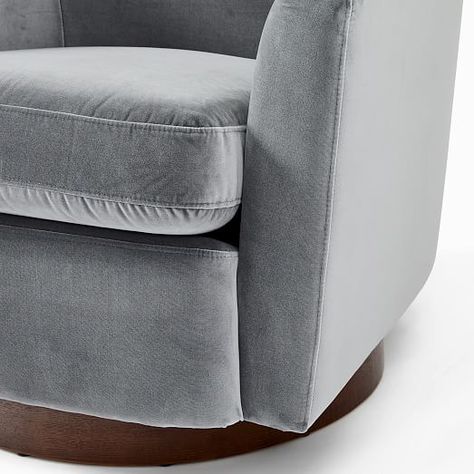 Haven Swivel Chair, Poly, Distressed Velvet, Mineral Gray, Dark Walnut Oversized Furniture, Swivel Chair Living Room, Moving Furniture, Cozy Reading, Dark Walnut, Foam Cushions, Polyurethane Foam, West Elm, Tub Chair