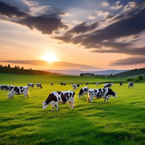 Photo herd of cows grazing on green fiel... | Premium Photo #Freepik #photo Beautiful Cow Pictures, Photos Of Cows, Cows Landscape, Field Of Cows, Cows In A Field, Cow Field, Milk Poster, Cow Images, Cow Grazing