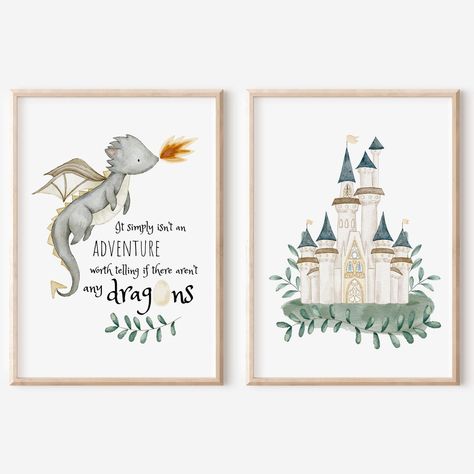 Adventure Dragon Painting With Fairy Tale Castle Set of 2 - Etsy Green Castle, Castle Nursery, Grey Dragon, Dragon Baby Shower, Dragon Painting, Fairy Tale Castle, Dragon Nursery, Breathing Fire, Fairytale Nursery