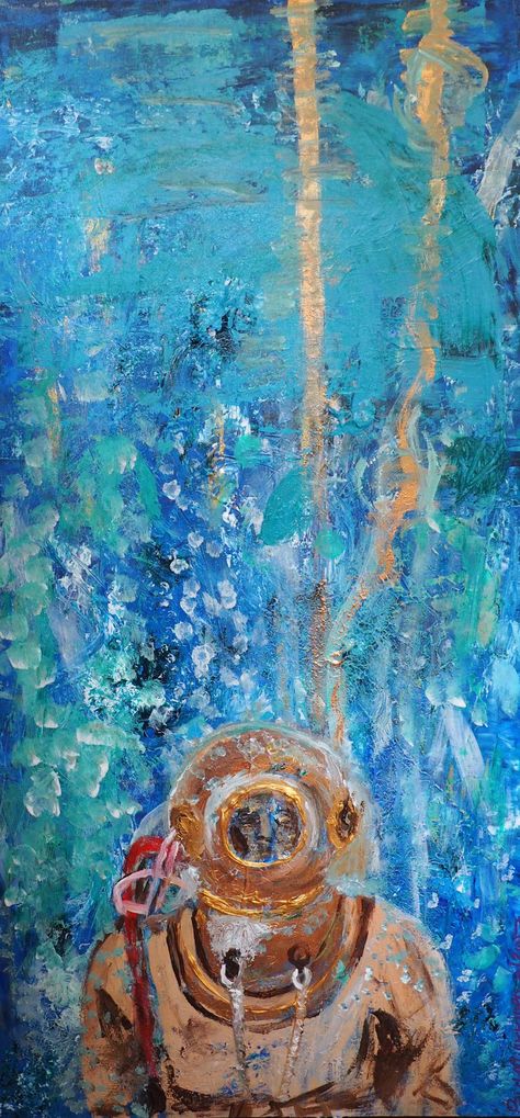 Under The Sea Oil Pastel, Under The Sea Oil Painting, Marine Life Art Paintings, Diver Paintings, How To Paint Underwater, Under The Sea Artwork, Deep Sea Painting, Diving Painting, Deep Sea Art