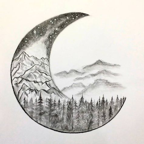 Moon Drawings Pencil, Moon And Mountains Drawing, Cool Moon Drawings, Moon Sketches Pencil, Moon Pencil Drawing, Mountain Trees Drawing, Circle Landscape Drawing, Moon Drawing Pencil Sketches, Drawing Ideas Moon