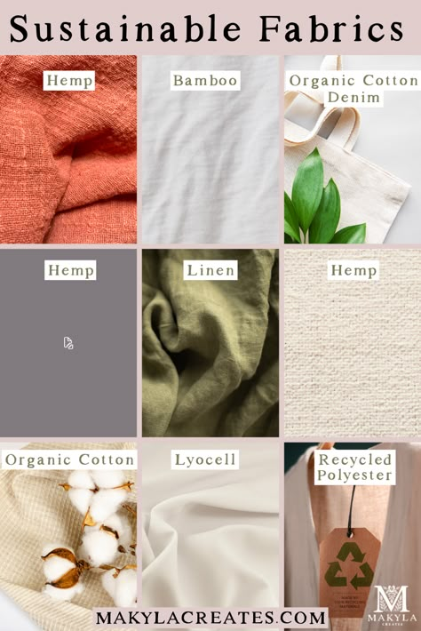 A collage of 9 different types of sustainable fabrics Names Of Fabric Prints, Guide To Fabrics, Cloth Business Ideas, Different Types Of Fabric Material, Name Of Fabric Material, Clothes Material Fabrics, Best Fabrics For Clothes, Clothing Material Fabrics, Names Of Fabric Materials