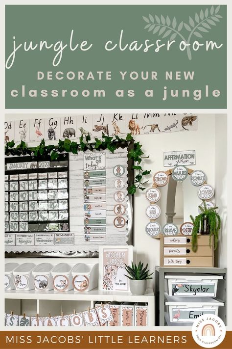 Modern Jungle Classroom, Jungle Classroom Decor, Jungle Theme Classroom Decorations, Modern Classroom Decor, Kindergarten Classroom Themes, 2023 Classroom, Forest Classroom, Jungle Classroom, Neutral Classroom Decor