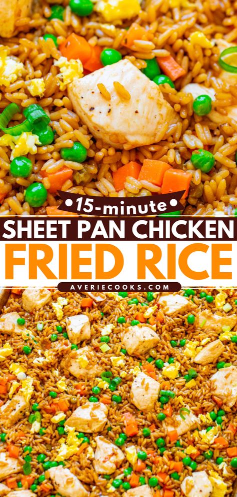 15-Minute Sheet Pan Fried Rice (with Chicken!) - Averie Cooks Sheet Pan Chicken Fried Rice, Beef Fried Rice, Averie Cooks, Sheet Pan Chicken, Pan Chicken, Chicken Fried Rice, Chicken Fried, Sheet Pan, Fried Rice