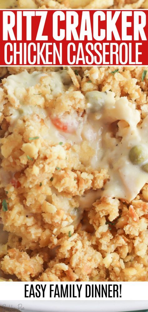 This Ritz Chicken Casserole makes a delicious family dinner any night of the week. Tender chicken is baked in a creamy sauce with carrots and peas and then topped with crushed RItz crackers for a fun, crispy golden topping! Crispy Ritz Chicken Casserole, Crouton Chicken Casserole, Creamy Chicken Ritz Casserole, Chicken Casserole With Crackers, Chicken Casserole With Ritz Topping, Healthy Ritz Chicken Casserole, Chicken Sour Cream Ritz Crackers, Crispy Chicken Casserole Recipes, Chicken Ritz Casserole Recipes