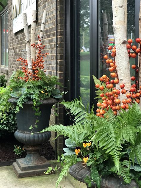 Fall Planters, Container Gardens & Window Boxes — Contained Creations Fall Porch Urn Ideas, Front Porch Fall Planter Ideas, Fake Fall Planter Ideas, Fall Container Ideas, Fall Porch Planter Ideas, Fall Pots Outdoor Planters, Fall Urns For Front Porch, Autumn Window Boxes, Fall Planters Outdoor